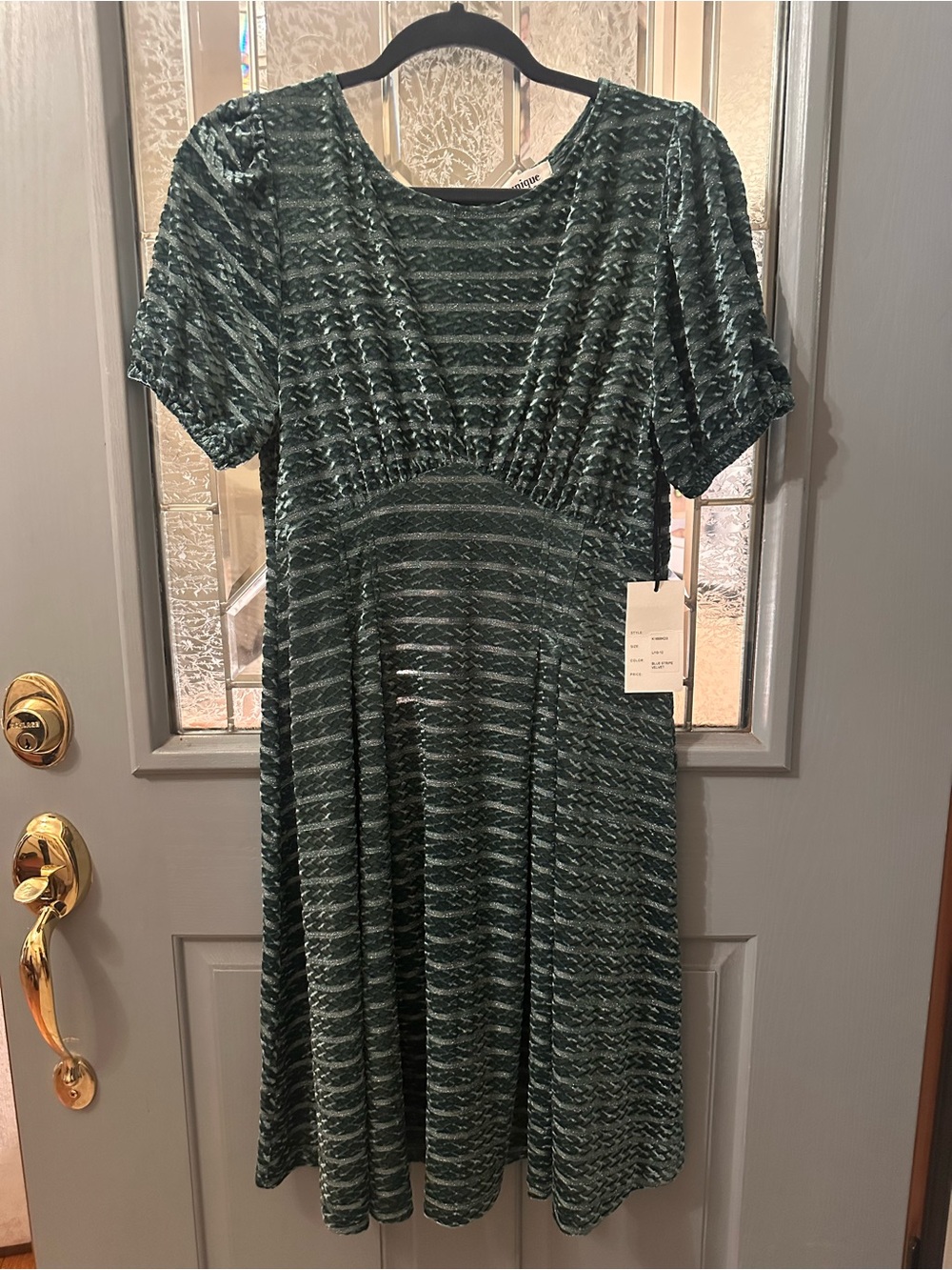 Unique Vintage Teal Crushed Velvet Striped Midi Dress